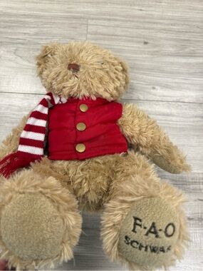 FAO Schwarz Pearl Tan Plush Teddy Bear with Red Vest and Red-and-White Scarf